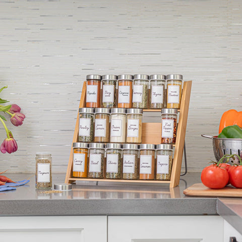 18 Jar Bamboo Compact Spice Rack with Spices Included & 5-Year Free Spice Refill Program for Countertop or Kitchen Drawer with Glass Jars