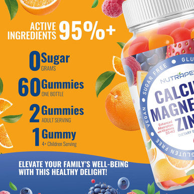 Calcium Magnesium Zinc Supplement Gummies With Vitamin D3 K2 Magnesium Glycinate Orange Berry Flavored Vegan Sugar Gluten Chewable For Men Women Kids