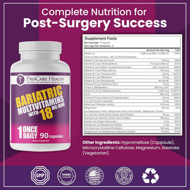Procare Health Bariatric Multivitamin With Iron 18Mg (03 Month Supply) - Post-Op Bariatric Vitamins For Gastric Bypass Bariatric Surgery Patients, Supports Recovery (90 Easy To Swallow Capsules)