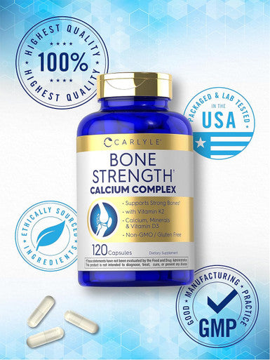 Carlyle Bone Strength Calcium Complex Supplement With Vitamin D3, Magnesium, K2, Zinc & Boron 120 Capsules Non-Gmo, Gluten Free