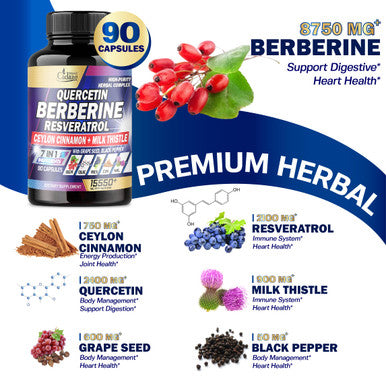 7In1 Pure Berberine Capsules 15550Mg - Concentrated With Quercetin, Resveratrol, Grape Seed & More - Supplement For Heart, Body
