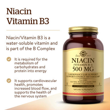 Solgar Niacin (Vitamin B3) 500 Mg 250 Vegetable Capsules - Cardiovascular Support - Energy Metabolism - Non-Gmo Vegan Gluten Free Dairy Free Kosher - 250 Servings