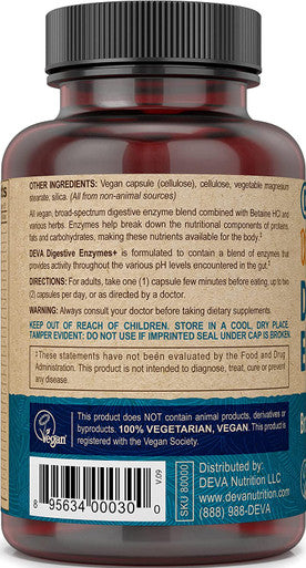 Deva Vegan Vitamins Digestive Enzymes Plus Supplement - A Unique Blend of Enzymes & Herbs - 90 Capsules, 1-Pack