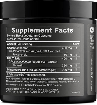 Toniiq Dihydroberberine Supplement Ultra High Potency 1,000mg Formula with GlucoVantage 10:1 Ceylon Cinnamon and 50:1 Milk Thistle Third Party Lab Tested