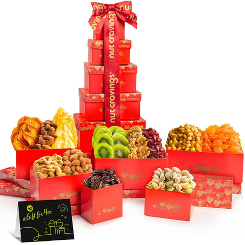 NUT CRAVINGS - Purim Mishloach Manot Mixed Nuts Gift Basket in Red Gold Box (7 Assortments, 1 LB) Ramadan Gifts Treats for Adults, Food Arrangement, Healthy Snack Care Package, Kosher