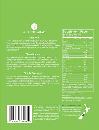Antler Farms 100% Pure Zealand Colostrum, 30 Servings, 1 Lb - Grass Fed, Pasture Raised, Clean Sourced, Cold Processed, Undiluted, High Igg Content