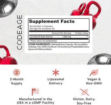 Codeage Liposomal Beta-Alanine Supplement - CarnoSyn Beta-Alanine - 2-Month Supply - Liposomal Delivery - Pre Workout Post Workout and Sport Supplementation - Non-GMO B-Alanine - 180 Capsules