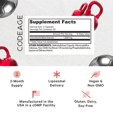 Codeage Liposomal Beta Alanine Supplement CarnoSyn Beta Alanine 1600 mg, 2-Month Supply Liposomal for Bioavailability Pre Workout Sport Performance and Muscles Support Non-GMO 180 Capsules