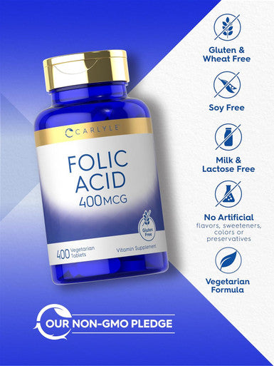 Carlyle Folic Acid 400 mcg | 400 Tablets | Vegetarian Non-GMO Gluten