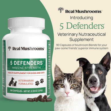 5 Defenders Mushroom Supplement For Cats & Dogs Chaga, Shiitake, Reishi, Turkey Tail, Maitake Cat Multivitamin & Dog Supplement For Wellness Support 90 Ct Real Mushrooms Powder Capsules
