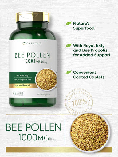 Carlyle Bee Pollen Supplement | 1000mg | 200 Caplets | with Royal Jelly and Bee Propolis | for Men and Women | Vegetarian Non-GMO Gluten