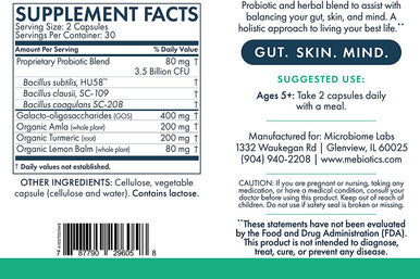 Mebiotics Probiotic & Herbal Supplement Balanced 1 - Bacillus Subtilis & Lemon Balm for Skin and Gut Health - Oral Probiotics to Support Gut, Mind, & Skin - for Balanced Skin Types (60 Count)