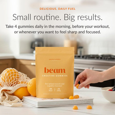 Beam Creatine Gummies Creatine Monohydrate Gummies with 5g Creatine Sugar Free Muscle Strength & Workout Recovery Support Creatine Gummies for Women and Men Orange Flavor Vegan 30 Servings