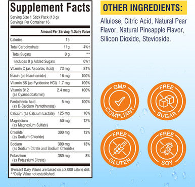 Vitalibre Electrolytes Powder Packets Magnesium, Potassium, Sodium, Vitamin C For Rapid Hydration Zero Sugar & Keto 16 Stick Packs Pineapple Pear Flavor