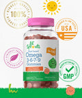 Vegan Omega 3 6 7 9 Gummies For Kids | 120 Count | Natural Peach Flavor | Non-Gmo, Gluten Free, And Sugar Free | By Lil' Sprouts