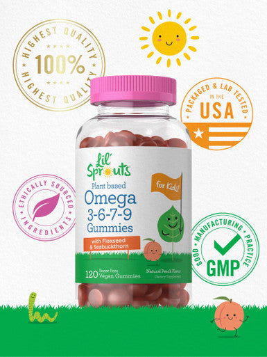 Vegan Omega 3 6 7 9 Gummies For Kids | 120 Count | Natural Peach Flavor | Non-Gmo, Gluten Free, And Sugar Free | By Lil' Sprouts