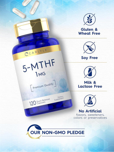 Carlyle 5-MTHF L Methylfolate 1mg | 120 Capsules | Non-GMO Gluten | Premium Quality