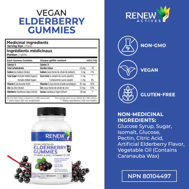 Renew Actives Vegan Elderberry Gummies With Vitamin C & Zinc - Antioxidants For Immune Function & Healthy Development Of Bones, Cartilage, Hair, Nails, And Skin - 60 Gummies