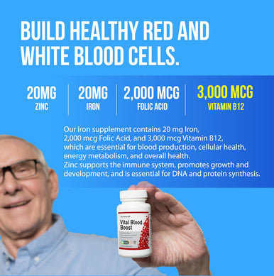 Vital Blood Boost - Dietary Supplement For White And Red Blood Cell Support - Iron With Selenium, Zinc, Vitamin B12 & Folic Acid - 90 Tablets, 90 Day Supply