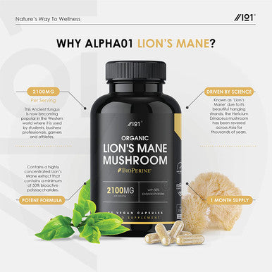 Organic Lion's Mane Mushroom 2100mg | 50% Polysaccharides | Made with BioPerineAÃƒâ€šÃ‚Â® | High Strength Hericium Erinaceus Extract | Non-GMO, Gluten , Halal, 90 Vegan Capsules
