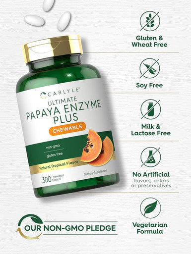 Carlyle Papaya Enzyme Chewable Tablets | Vegetarian Non-GMO Gluten Formula | Tropical Flavor