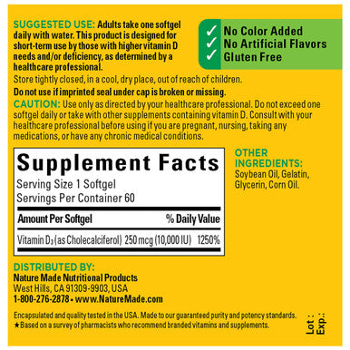 Nature Made Maximum Strength Vitamin D3 10000 Iu (250 Mcg) Dietary Supplement For Bone Teeth Muscle And Immune Health Support 60 Softgels 60 Day Supply