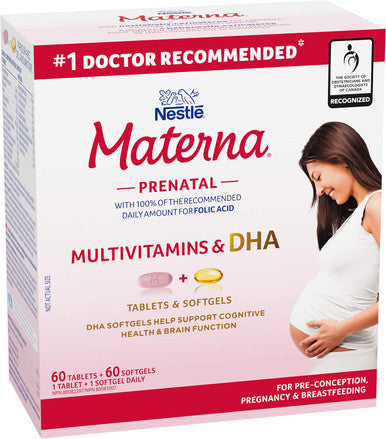 NESTLe Materna Prenatal Multivitamin with DHA Supplement Folic Acid 60 tablets + 60 DHA soft gels