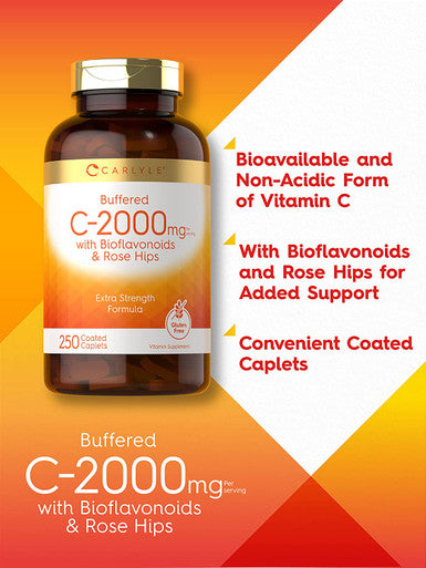 Carlyle Buffered Vitamin C | 2000mg | 250 Caplets | with Bioflavonoids and Rose Hips | Vegetarian, Non-GMO, and Gluten Free Supplement