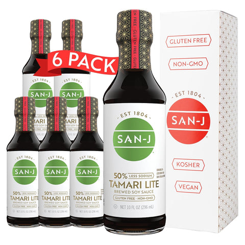 San-J - Organic Gluten Free Tamari Soy Sauce with 50% Less Sodium - Made with 100% Whole Soy - Specially Brewed - 10 oz. Bottle