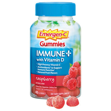 Emergen-C Immune+ Immune Gummies, Vitamin D Plus 750 mg Vitamin C, Immune Support Dietary Supplement, Caffeine , Gluten , Raspberry Flavor - 45 Count