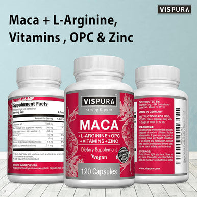 Maca Root Capsules 5000 Mg + L-Arginine, Vitamins B6 + B12, Opc And Zinc, Energy Boosting Formula For Men And Women, 120 Vegan Tablets With Organic Maca Peruana Extract