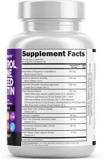 Clean Nutraceuticals Resveratrol Berberine Grape Seed Extract Quercetin Green Tea Extract Polyphenol Supplement For Women & Men W/N-Acetyl Cysteine, Acai Extract - 1Pack