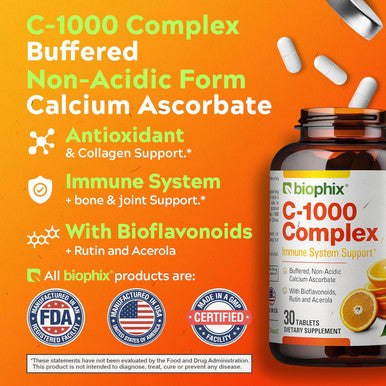 Biophix Vitamin C-1000 Mg 30 Tablets Complex - Vegan With Calcium Citrus Bioflavonoids Acerola Rutin - Supports Immune Health