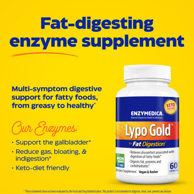 Enzymedica Lypo Gold, Concentrated Amounts Of Lipase Enzyme, For Fatty Food Digestion, 60 Capsules (60 Servings)