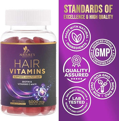 Hair Growth Vitamins Gummies with Biotin 5000 mcg Vitamin E & C, Premium Vegetarian, Non-GMO, Support for Stronger, Beautiful Hair, Skin & Nails, Women's Berry Supplement - 120 Gummy Hearts