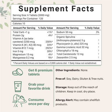 Micro Ingredients Organic Spirulina Supplement (Raw Spirulina Organic Filler Free), 3000MG , 720 Tablets (4 Month Supply)