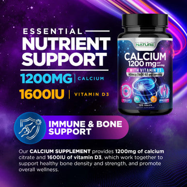 Built Nature Calcium 1200Mg With Vitamin D3 For Best Absorption - Advanced Bone Support Supplement, 1200 Mg Calcium Carbonate & 1600 Iu Vitamin D3, Slow Release For Immune Support, Easy To Swallow, 120 Tablets