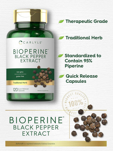 Carlyle Bioperine 10mg | 120 Capsules | Non-GMO & Gluten | Sourced from Black Pepper Extract | Supports Curcumin Powder Absorption