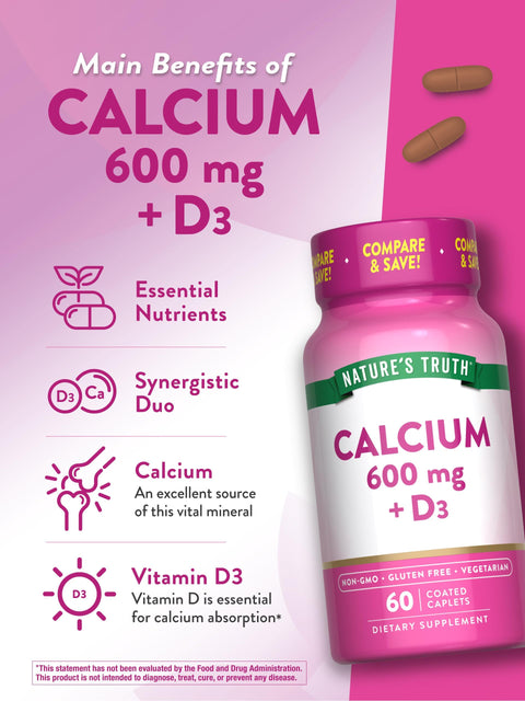 Nature's Truth Calcium 600 mg with Vitamin D3 Coated Caplets Calcium Carbonate Vegetarian NonGMO and Gluten Free Supplement Calcium Carbonate Vegetarian NonGMO and Gluten Free Supplement