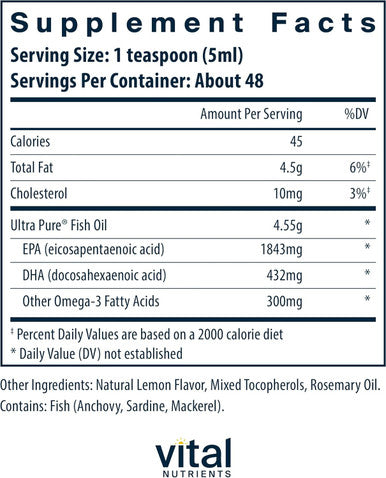 Vital Nutrients - Ultra Pure Fish Oil 2600 (Pharmaceutical Grade) - Hi-Potency Deep Sea Liquid Fish Oil Cardiovascular Support Natural Lemon Flavor - 8 Fl Oz per Bottle