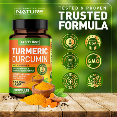 Built Nature Turmeric Curcumin 1965Mg With Ginger & Bioperine Black Pepper Extract - High Absorption 95% Curcuminoids For Joint & Antioxidant Support - Non-Gmo, Gluten-Free, Vegan - 120 Herbal Supplement Capsules