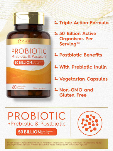 Carlyle Prebiotic Probiotic & Postbiotic | 50 Billion CFU 60 Powder Pills | 3 in 1 Supplement | Vegetarian Gluten & Non-GMO Formula