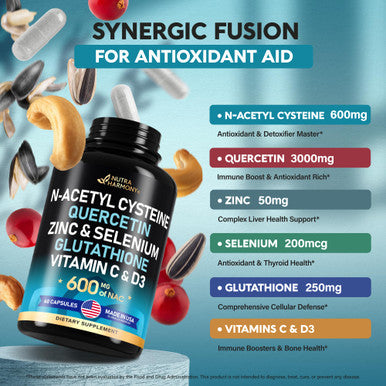 NUTRAHARMONY Nac 600 Mg Supplement | Quercetin | Zinc | Glutathione | Selenium | Vitamin C & D3 - Antioxidant, Immune & Liver Support - 21In1 N-Acetyl Cysteine Complex - Made In Usa - Non-Gmo, Vegan - 60 Capsules