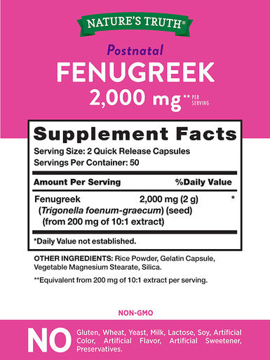 Fenugreek Seed Capsules | 2000mg | 100 Powder Capsules | Non-GMO, Gluten | by Nature's Truth