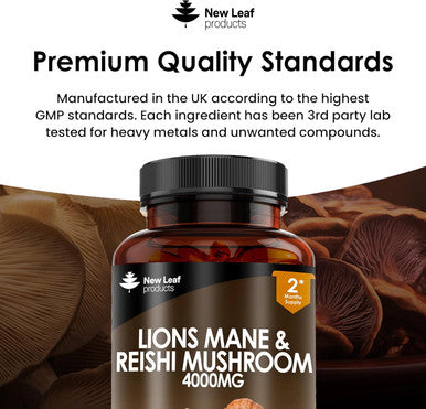 Lions Mane & Reishi Mushroom Capsules - High Strength 4000Mg Lions Mane Supplement With Reishi - 120 Vegan Lions Mane Mushroom Powder + Reishi Mushroom Capsules - Made In Uk By Leaf
