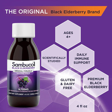 Sambucol Black Elderberry Syrup - Sambucus Elderberry Syrup, Black Elderberry Liquid, Immune Support, Elderberry Syrup For Kids And Adults, High Antioxidants, Gluten - Original Formula, 4 Fl Oz