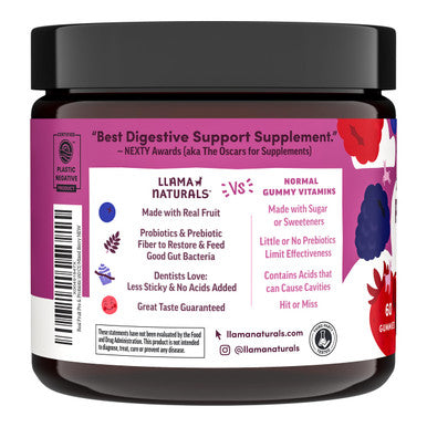 Llama Naturals Probiotics for Women and Men with Prebiotic Fiber Vegan Organic Probiotic Gummies for Gut Health Support Adults Real Fruit Gummy Vitamins No Added Sugar Cane Mixed Berry 120 Ct