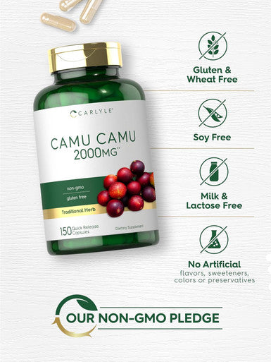 Carlyle Camu Camu Capsules 2000mg | 150 Count | with Vitamin C | Non-GMO Gluten