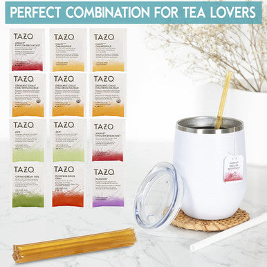 Snack Mall Tea Sets for Tea Lovers - Includes 12 Uniquely Flavored Teas All Natural Honey Straws and Beautiful Double Insulated Tumbler Cup