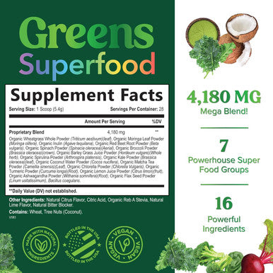 Nature'S Nutrition Greens Superfood Powder - Original Organic Greens Smoothie & Juice Mix Powder Antioxidants & Probiotics Spirulina Chlorella Beet Root Whole Foods Digestive & Energy Health Support - 28 Servings